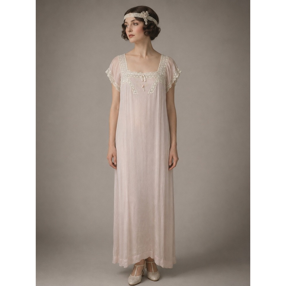 Vintage 1920s Pink Silk Nightgown White Lace Antique Flapper Lingerie Dress